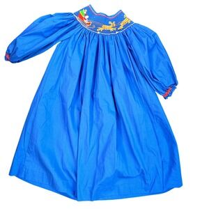 Mom & Me Christmas Smocked Dress Girls Size 4 Santa Reindeer Blue‎